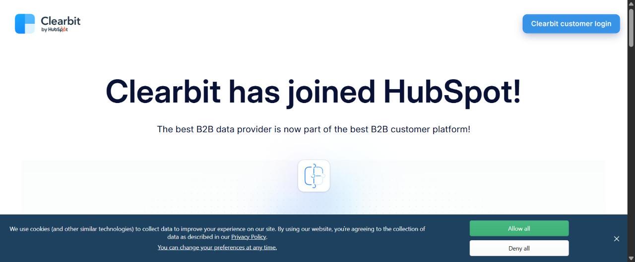 Clearbit homepage — real-time B2B data enrichment platform