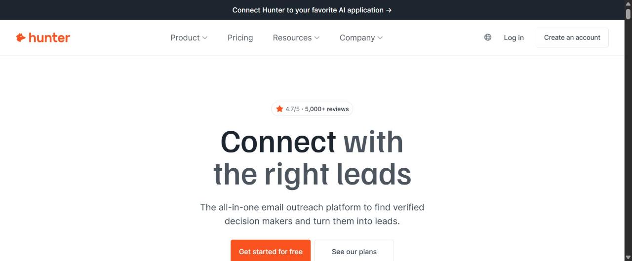 Hunter.io homepage — email finder and verification tool